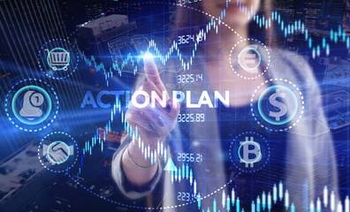 Business, Technology, Internet and network concept. Young businessman working on a virtual screen of the future and sees the inscription: Action plan
