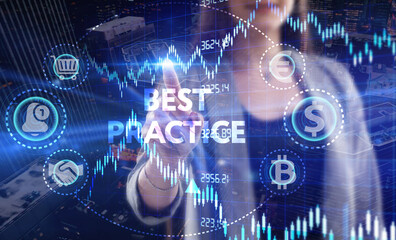 Business, Technology, Internet and network concept. Young businessman working on a virtual screen of the future and sees the inscription: Best practice