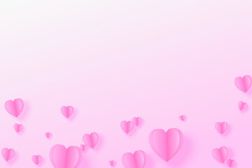 Paper elements in shape of heart flying on pink background. 