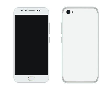 Smartphone, front and back sides of smartphone modern touch screen isolated on white background.