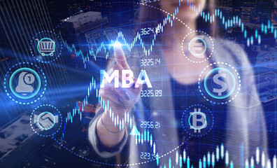 Business, Technology, Internet and network concept. Young businessman working on a virtual screen of the future and sees the inscription: MBA