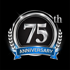 75th anniversary logo with silver ring combination blue ribbon and laurel wreath. birthday vector template for celebration, party, wedding, invitation and greeting card