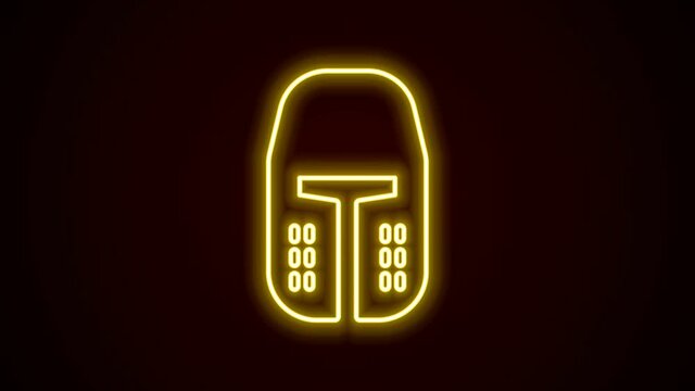 Glowing neon line Medieval iron helmet for head protection icon isolated on black background. 4K Video motion graphic animation