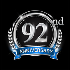 92nd anniversary logo with silver ring combination blue ribbon and laurel wreath. birthday vector template for celebration, party, wedding, invitation and greeting card