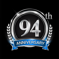 94th anniversary logo with silver ring combination blue ribbon and laurel wreath. birthday vector template for celebration, party, wedding, invitation and greeting card