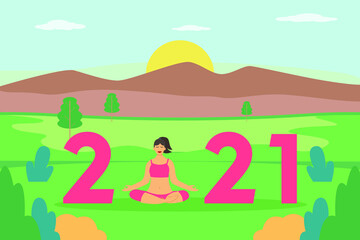 Obraz na płótnie Canvas New year vector concept: Young woman standing with number 2021 in the beach while celebrating holiday