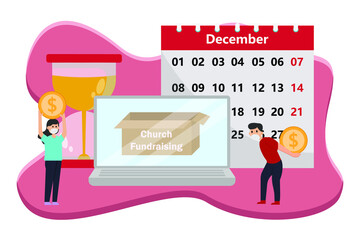 Fundraising vector concept: Young man and woman collecting online church fundraising with calendar and hourglass