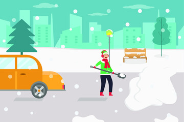 Cleaning snow vector concept: Young man cleaning snow on the road while using shovel