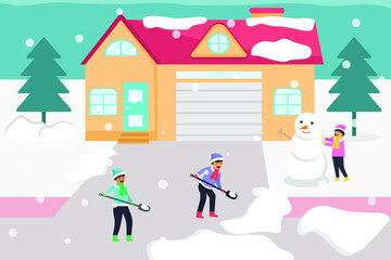 Fototapeta na wymiar Cleaning snow vector concept: Children cleaning snow in the yard together while playing snowman