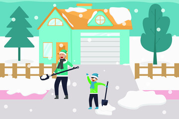 Obraz na płótnie Canvas Cleaning snow vector concept: Grandfather and his grandson cleaning snow in the yard while using shovel