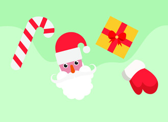 Christmas day vector concept: Head of santa claus with present and candy in christmas background