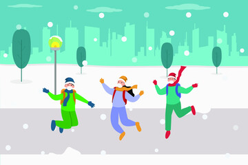 Winter vector concept: Group of friends jumping in the snow in the park in winter