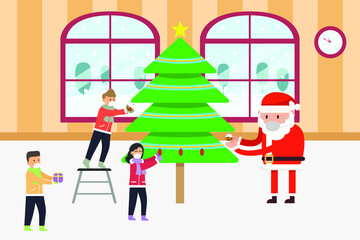 Christmas vector concept: Kids and santa claus wearing mask while decorating christmas tree together at home