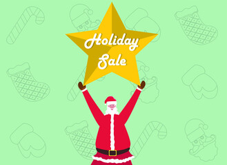 Holiday sale vector concept: Santa claus showing holiday sale on big star