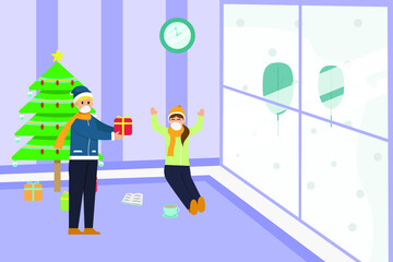 Christmas vector concept: Male teenage in face mask giving christmas gift to his girlfriend near window with winter background at home