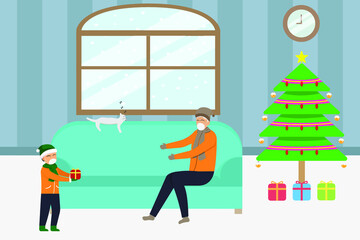 Christmas vector concept: Little boy in face mask giving christmas gift to his father on the sofa at home during new normal after coronavirus outbreak