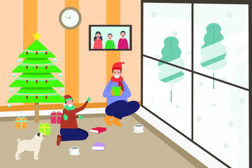 Christmas vector concept: Young father and his teenage son reading books while wearing face mask and sitting on the floor with christmas tree background during winter time