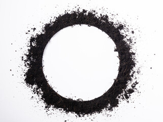 Round circle frame of black land for plant background, Top view of fresh soil with mulch for...