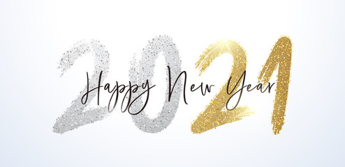 Happy New Year 2021 with calligraphic and brush painted with sparkles and glitter text effect in gold and silver. Vector illustration background for new year's eve and happy new year resolutions