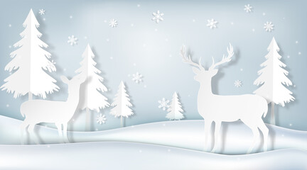 Naklejka premium Paper art of couple deer and pine tree, winter background illustration