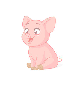 Cute pink sitting piglet. Vector illustration on white background.