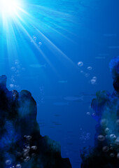 Fototapeta na wymiar 水の中の岩場で泳ぐ魚と泡のイラスト