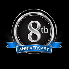 Celebrating 8th anniversary logo. with silver ring and blue ribbon.