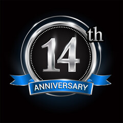 Celebrating 14th anniversary logo. with silver ring and blue ribbon.