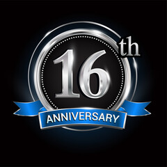 Celebrating 16th anniversary logo. with silver ring and blue ribbon.