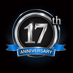 Fototapeta premium Celebrating 17th anniversary logo. with silver ring and blue ribbon.