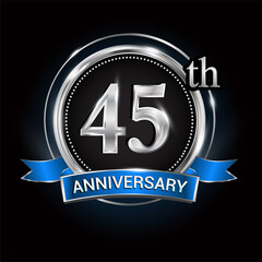 Celebrating 45th anniversary logo. with silver ring and blue ribbon.