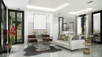 Modern living room space and mock up furniture interior design and wall texture background