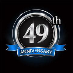 Celebrating 49th anniversary logo. with silver ring and blue ribbon.
