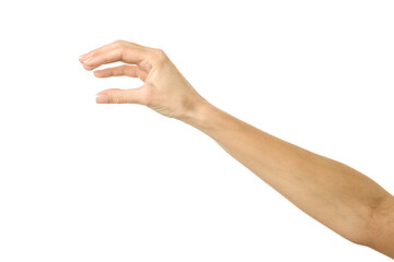 Hand picking, holding, grabbing or reaching. Woman hand gesturing isolated on white