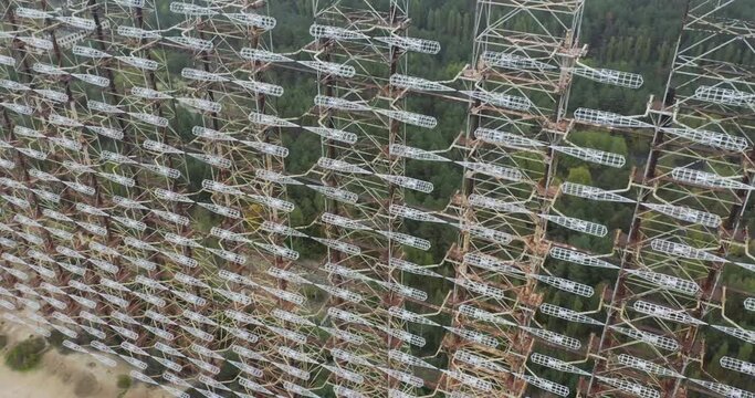 Rusty Duga Antenna At The Radar Station In Chernobyl, Pripyat, Ukraine - approaching drone shot