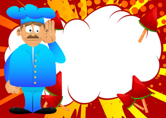 Fat male cartoon chef in uniform holds hand at his ear, listening. Vector illustration.