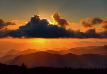 A golden sunset of the Blue Ridge mountains off of the Blue Ridge Parkway in North Carolina, USA.