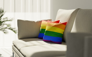 Two pillows painted in the raibow colors of the LGBT flag lie on the couch. LGBTQ gay lesbian transgender relations symbolic 3D artwork.