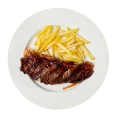 Tasty grilled beef tenderloin with french fries served at plate. Isolated over white background