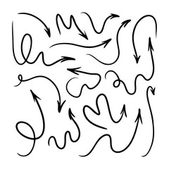 Set hand drawn arrows isolated on a white background. Doodle, simple outline illustration. It can be used for decoration of textile, paper and other surfaces.