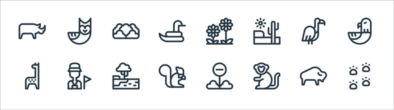 Animal And Nature Line Icons. Linear Set. Quality Vector Line Set Such As Footprint, Monkey, Squirrel, Giraffe, Vulture, Bush, Flowers, Owl.