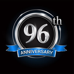 Celebrating 96th anniversary logo. with silver ring and blue ribbon.