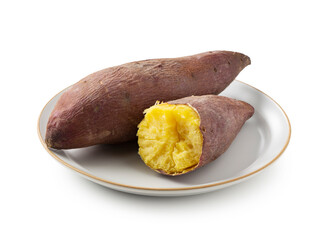 A sweet potato split in half on a white background