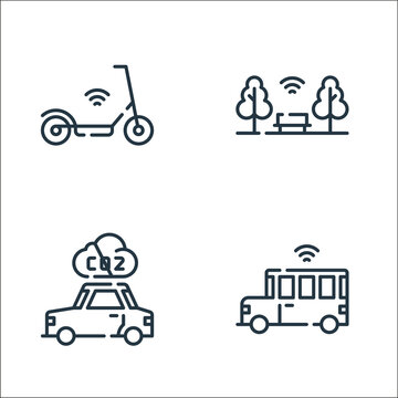 Smart City Line Icons. Linear Set. Quality Vector Line Set Such As School Bus, Electric Car, Hotspot.