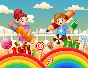 The students in a fantasy sweet land illustration