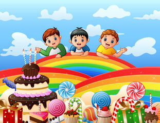 Obraz na płótnie Canvas Three boys on a rainbow illustration