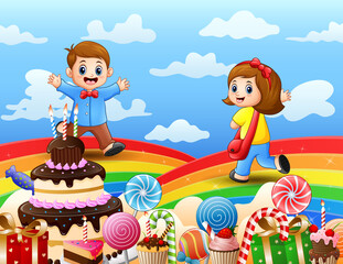 Kids walking on a rainbow and sweet land