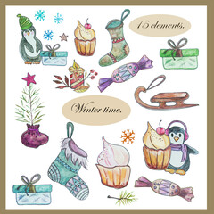 Draw with watercolors.Christmas candles, sledges, fireplace, Christmas tree, gift boxes, cupcakes, candy, lights.Sticker for design.Logo, sticker.
