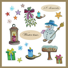 Draw with watercolors.Christmas candles, sledges, fireplace, Christmas tree, gift boxes, cupcakes, candy, lights.Sticker for design.Logo, sticker.