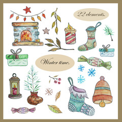 Draw with watercolors.Christmas candles, sledges, fireplace, Christmas tree, gift boxes, cupcakes, candy, lights.Sticker for design.Logo, sticker.